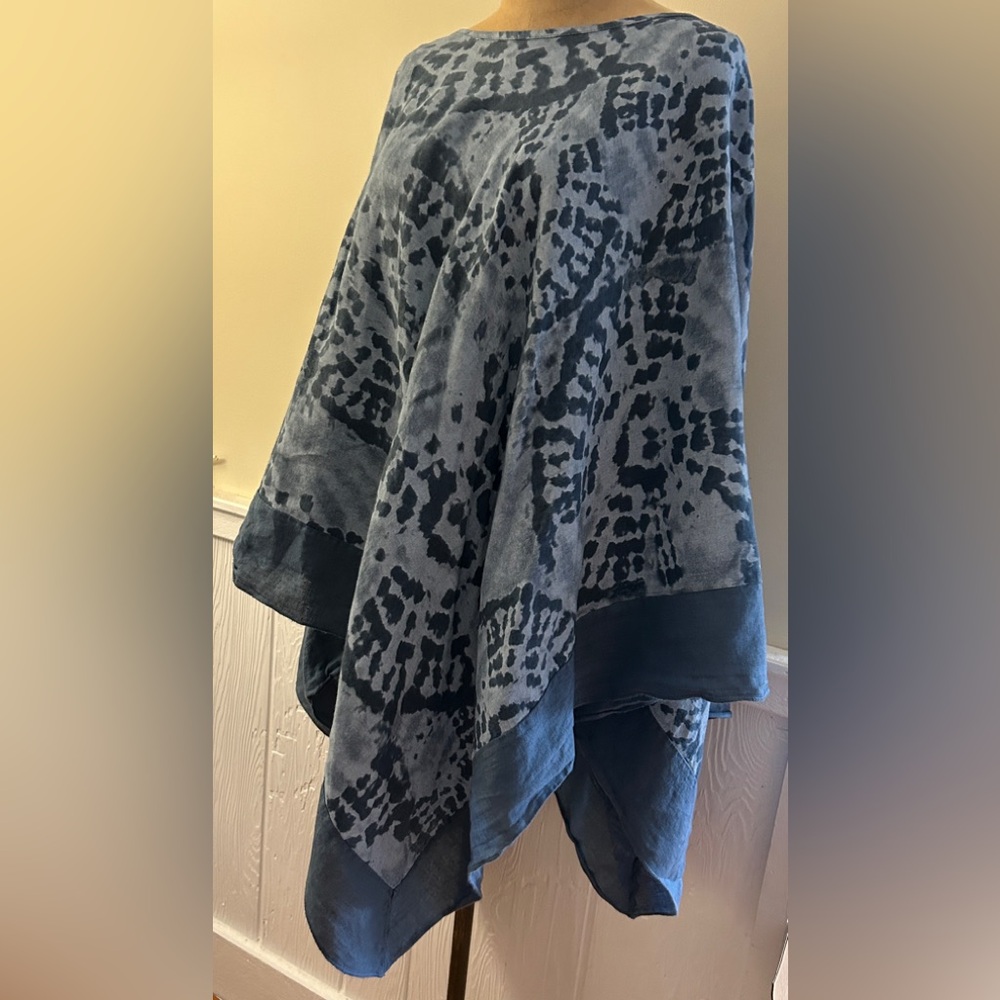 Elena Baldi Made in Italy 100% Linen Blue Print Poncho Top One Size